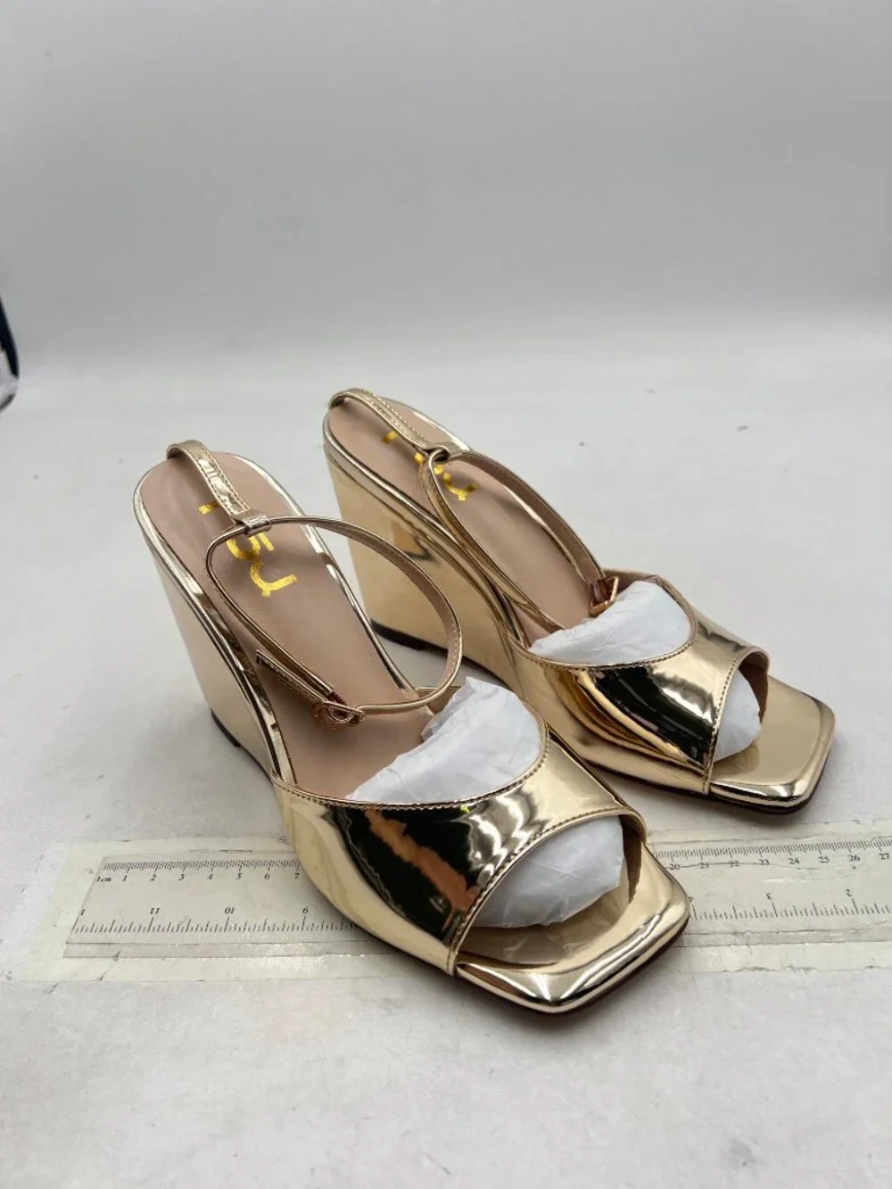 FSJ Gold Metallic Square Toe Ankle Strap High Heel Wedge Sandals